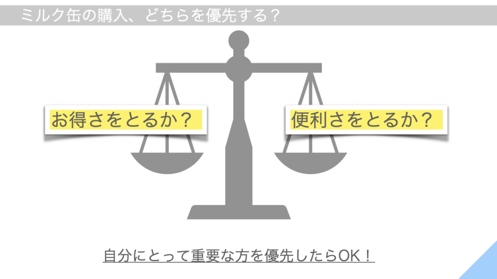 ミルク缶の購入は「お得さ」か「便利さ」かどちらを優先するかは自分次第