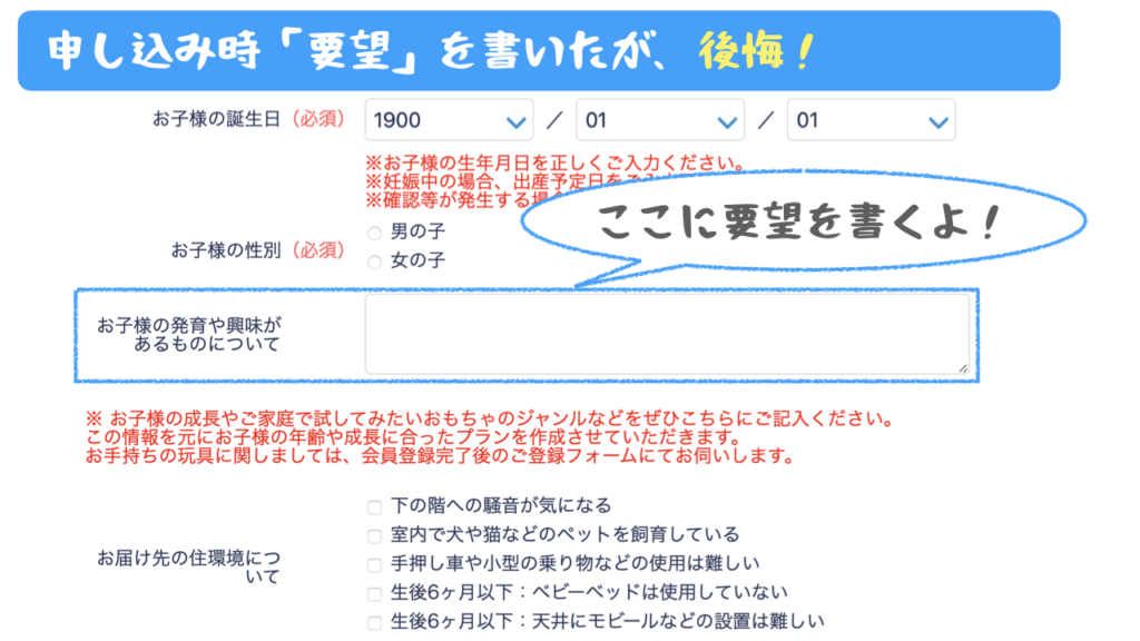 トイサブ申し込み時にオモチャのリクエストを記載する欄に要望を書いたが後悔した