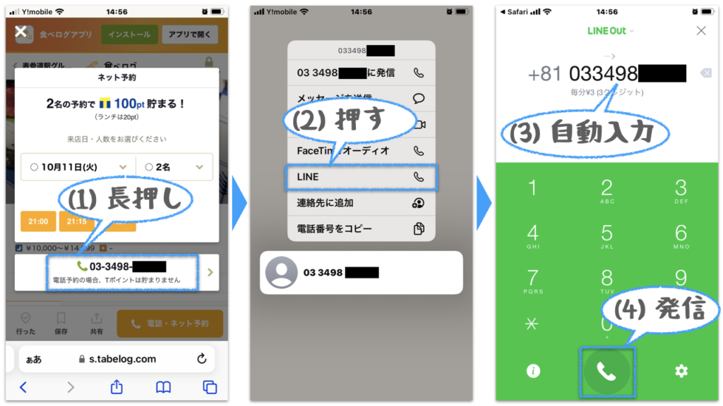 ウェブ検索した電話番号からLINE Outで電話をかけるため、電話番号を長押ししてLINEを押し、電話番号がLINE Outに自動入力されることを確認して発信する