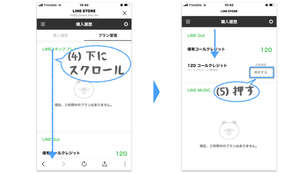 オートリチャージを停止するため、購入履歴のプラン管理画面を下にスクロールし、オートリチャージ使用中の右側の解約するボタンを押す