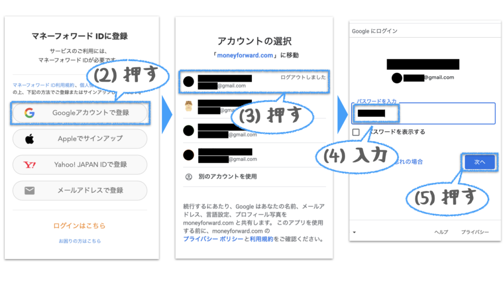 家計簿アプリの登録・ログインの方法（その２）として、Googleアカウントで登録を進めます