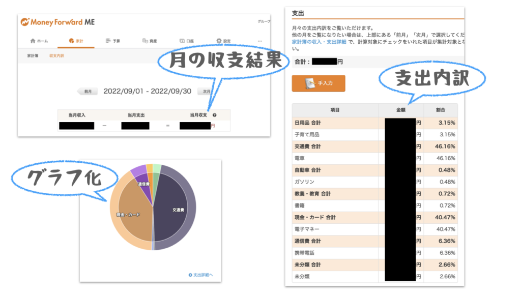 家計簿アプリで家計→収支内訳を見ると、月の収支結果や、支出の内訳、グラフなどが確認できます。