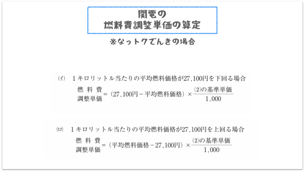 関西電力のHP掲載の、燃料費調整単価の算定方法（なっトクでんきの場合）