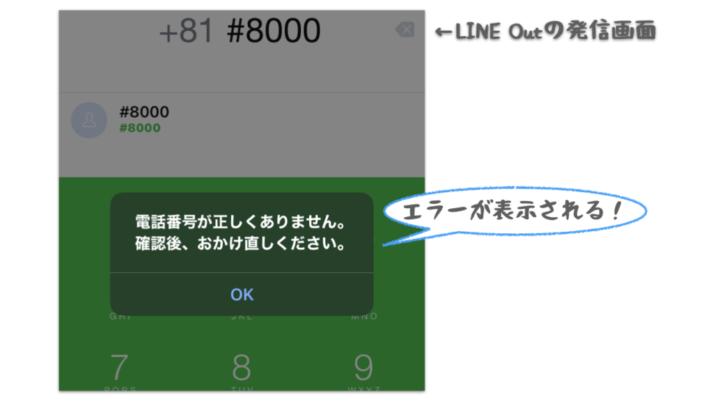 LINE Outで#8000に発信した時のエラー表示画面に、「電話番号が正しくありません。確認後、おかけ直しください。」と表示される